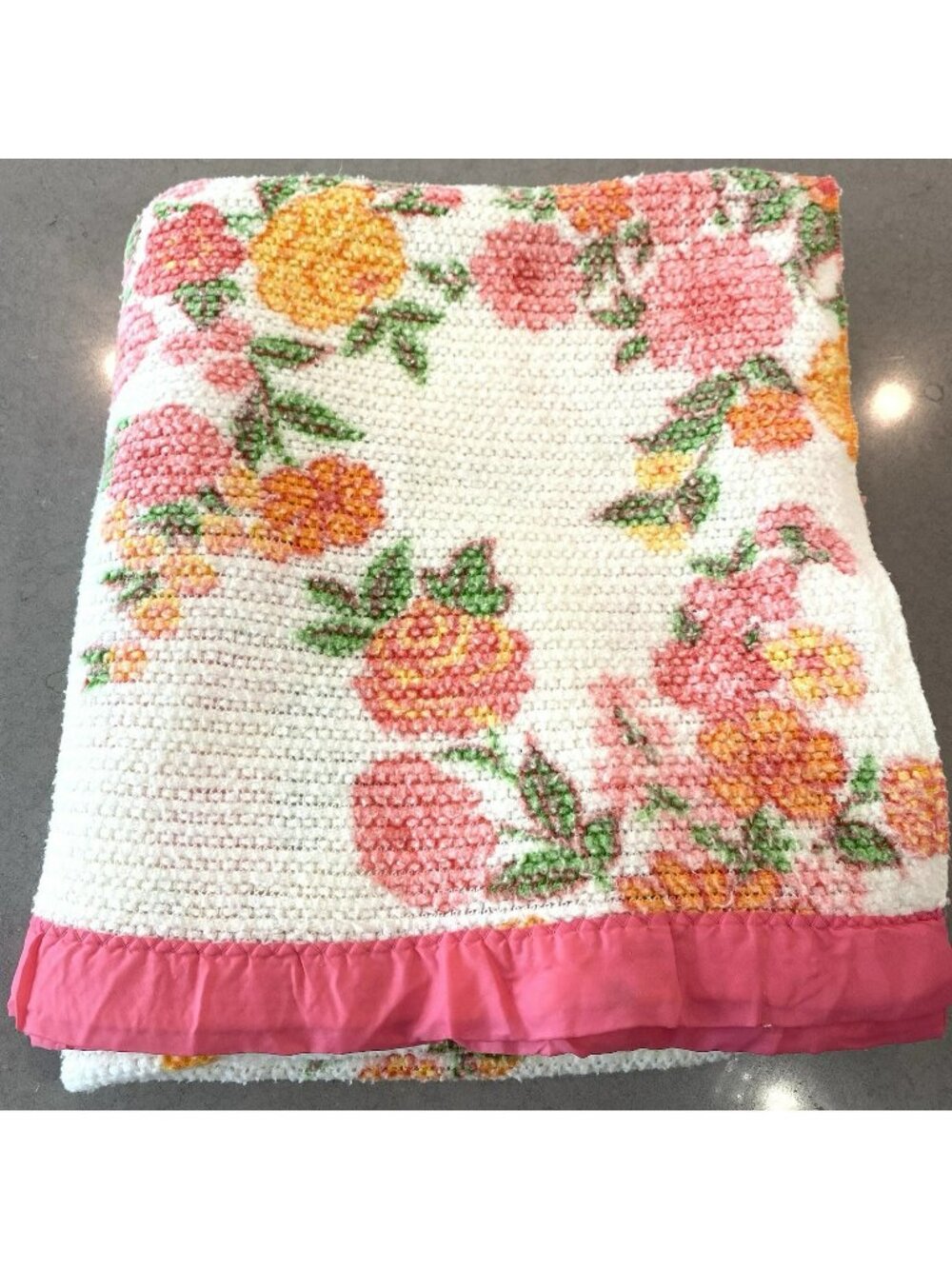 VTG Acrylic Pink Floral Waffle Weave Blanket 72x65 Retro Cottagecore Shabby Chic